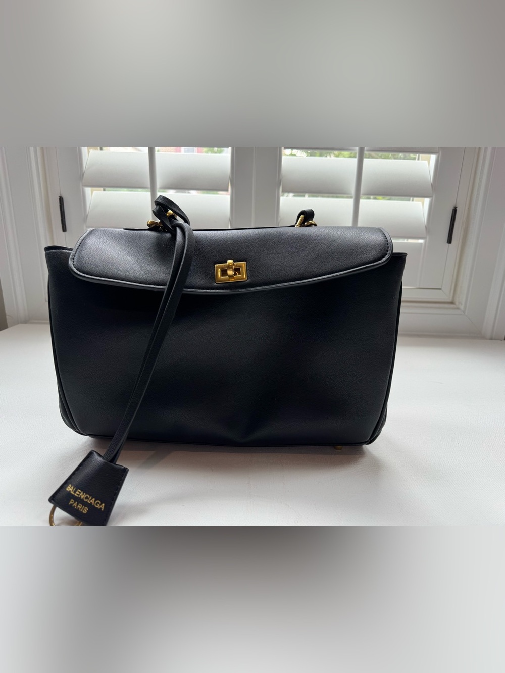 Luxe Black Rodeo Shoulder Bag Gold Hardware Turn Lock Closure $450